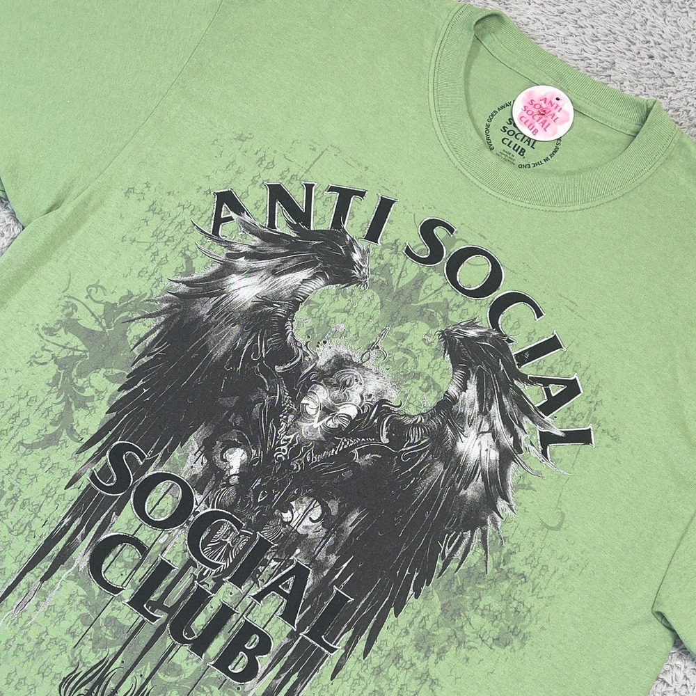 Anti Social Social Club Shirt Mens L Green Gothic Angel Crow Graphic Tee Punk